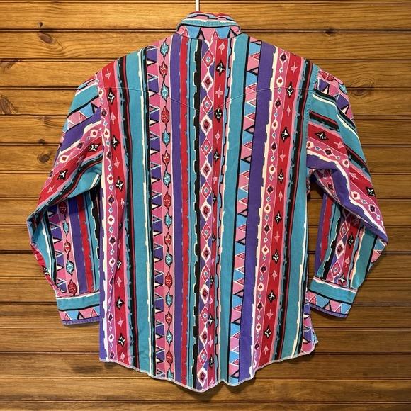 Vintage Wrangler Mens Size 16.5 34 Aztec 90s XLong Tails Single Stitch Brushpop - Picture 2 of 8